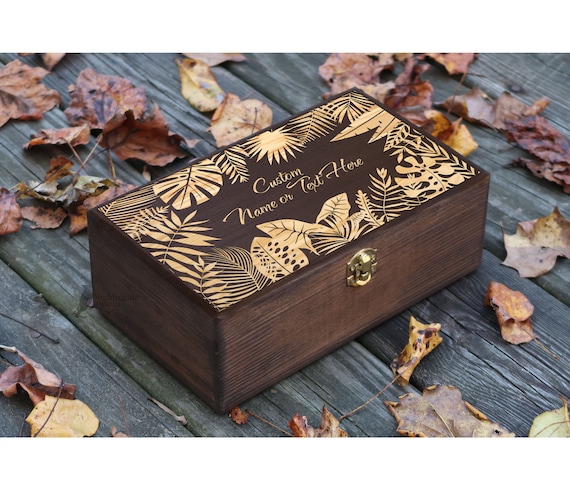 Personalized Engraved Palm Leaves Box, Beach Theme Wedding Card Box, Wooden Memory Box, Anniversary Gift, Wooden Box, Keepsake Box