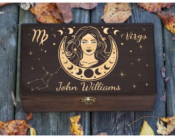 Personalized Engraved Virgo Zodiac Box, Virgo Gifts, Astrology Gift, Horoscope Box, Gift for Man, Gift for Her Him, Custom Box, Keepsake Box