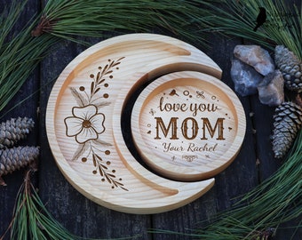 Personalized Engraved Tray, Gift for Mom, Custom Moon Tray Crystal Holder, Wooden Jewelry Display, Gemstones Storage, Mother's Day Gift