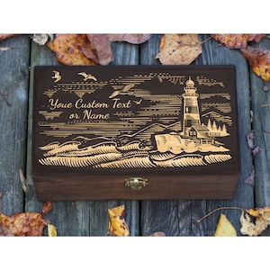 Caja de faro grabada personalizada, caja de colección, caja de almacenamiento, caja de fotos, regalo para ella, regalos de viaje, caja de recuerdos de madera, caja de recuerdos