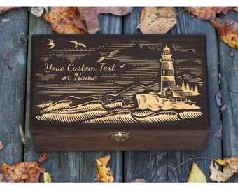 Personalized Engraved Lighthouse Box, Collection Box, Storage Box, Photo Box, Gift for Her, Travel Gifts, Wooden Memory Box, Keepsake Box