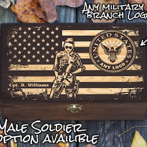 Caja de veterano femenina grabada personalizada, regalo de veterano masculino, regalo de soldado femenino, caja militar, caja de memoria de la fuerza de EE. UU., caja de recuerdos del ejército