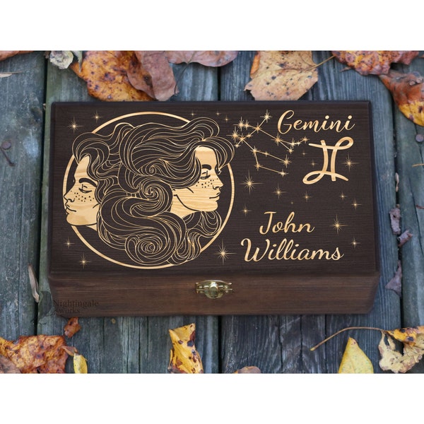 Personalized Engraved Gemini Zodiac Box, Wooden Keepsake, Customized Gift, Astrology Decor, Wooden Box, Birthday Memory box, Christmas Gift