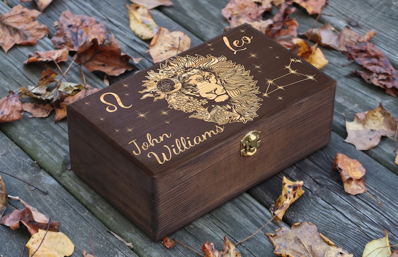 Personalized Engraved Leo Zodiac Box, Leo Gifts, Astrology Gift, Horoscope Box, Gift for Man, Gift for Her Him, Male Lion Art, Keepsake Box image 2