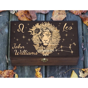Personalized Engraved Leo Zodiac Box, Leo Gifts, Astrology Gift, Horoscope Box, Gift for Man, Gift for Her Him, Male Lion Art, Keepsake Box