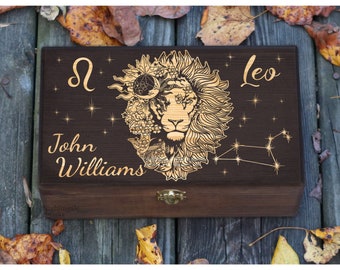 Personalized Engraved Leo Zodiac Box, Leo Gifts, Astrology Gift, Horoscope Box, Gift for Man, Gift for Her Him, Male Lion Art, Keepsake Box