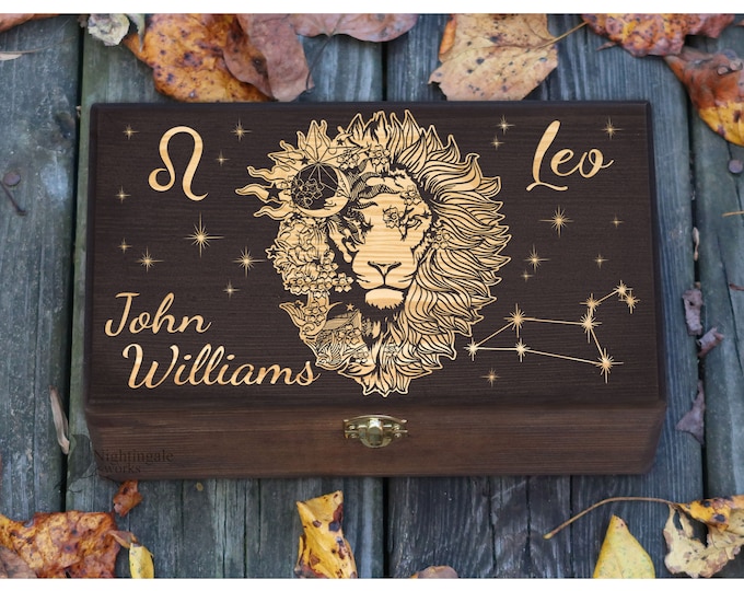 Personalized Engraved Leo Zodiac Box, Leo Gifts, Astrology Gift, Horoscope Box, Gift for Man, Gift for Her Him, Male Lion Art, Keepsake Box