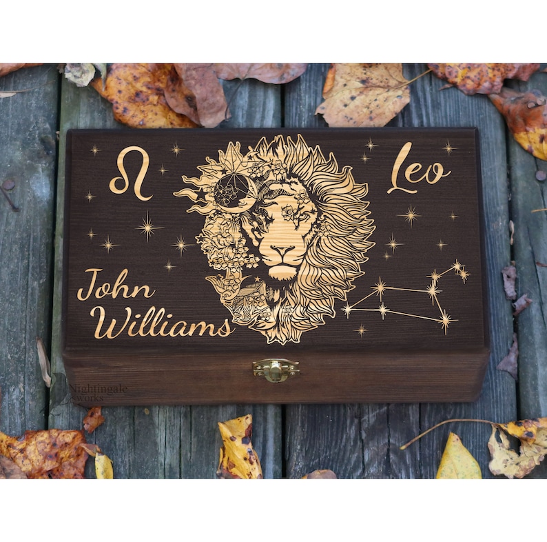 Personalized Engraved Leo Zodiac Box, Leo Gifts, Astrology Gift, Horoscope Box, Gift for Man, Gift for Her Him, Male Lion Art, Keepsake Box Engraving