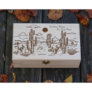 Caja de regalo del desierto grabada personalizada, estilo occidental, caja de arte de cactus, caja de memoria de madera, regalo de aniversario, caja de madera, caja de recuerdos personalizada