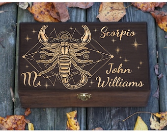 Personalized Engraved Scorpio Zodiac Box, Scorpio Birthday Gift, Astrology Gift for Her Him, Jewelry Box, Custom Wooden Box, Keepsake Box