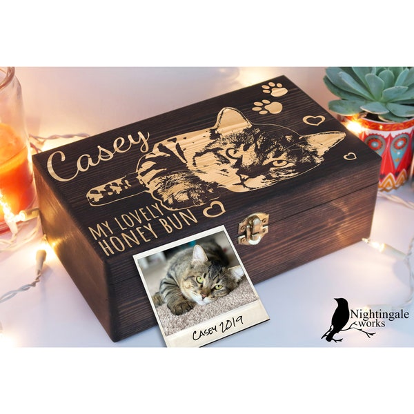 Personalized Engraved Pet Portrait Box, Wood Memory Box, Custom Photo Box, Cats Lover Gift, Pet Memorial Box, Wooden Box, Keepsake Box