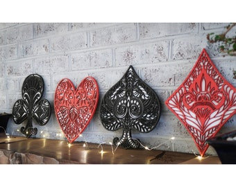 Wooden Card Suits Sign, Heart Club Diamond Spade 4 Piece Set, Full Aces Art, Gift for Gamer, Poker Wall Art, Game Room, Playing Card Art