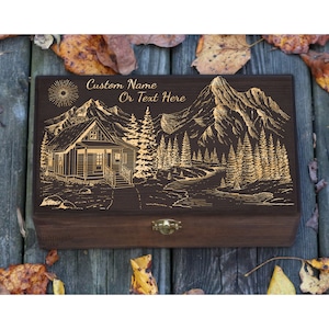Caja de madera grabada personalizada con diseño de cabaña en las montañas, caja de colección, caja de almacenamiento, caja de fotos, regalo para ella, regalos de viaje, caja de recuerdos, caja de recuerdos