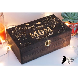 Personalized Engraved Love You Mom Box, Custom Mother&#39;s Day Gift, Memory Box, Jewelry Box for Mom, Gift for Mom, Tea Organizer, Wooden Box