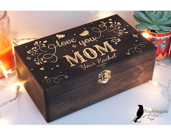 Personalized Engraved Love You Mom Box, Custom Mother's Day Gift, Memory Box, Jewelry Box for Mom, Gift for Mom, Tea Organizer, Wooden Box