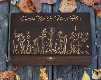 Personalized Engraved Field Flowers Gift Box, Memory Box for a Friend, Custom Mother's Day Gift, Jewelry Box for Her, Wooden Memory Box