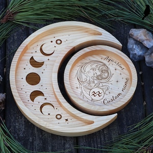 Personalized Engraved Aquarius Zodiac Tray, Custom Moon Tray Crystal Holder, Wooden Crystal Display, Gemstones Storage, Jewelry Display
