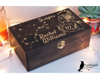 Personalized Engraved Scorpio Zodiac Box, Astrology Gift, Zodiac Gifts, Horoscope Box, Jewelry Box, Custom Memory Wooden Box, Keepsake Box