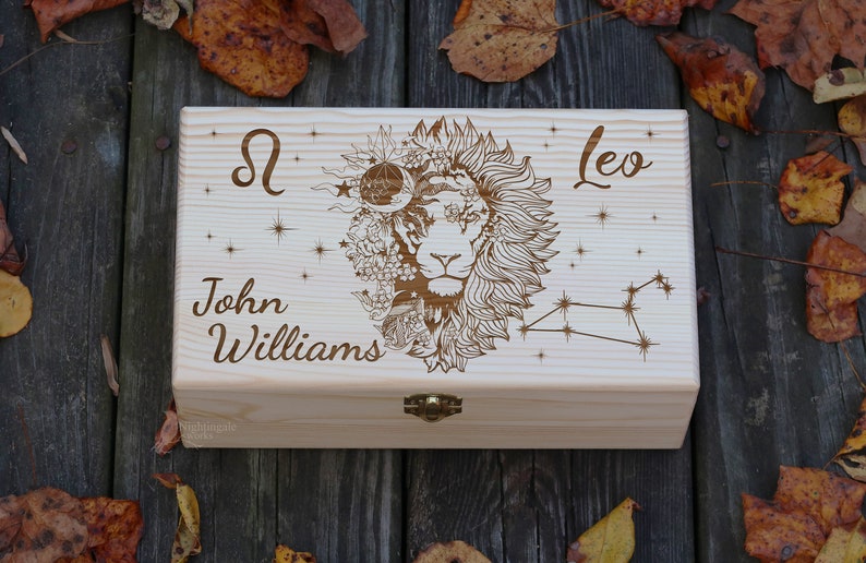 Personalized Engraved Leo Zodiac Box, Leo Gifts, Astrology Gift, Horoscope Box, Gift for Man, Gift for Her Him, Male Lion Art, Keepsake Box image 3