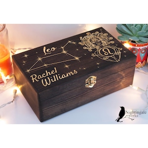 Personalized Engraved Leo Zodiac Box, Astrology Gift, Zodiac Gifts, Jewelry Box, Leo Gifts for Women, Custom Crystal Storage Wooden Box