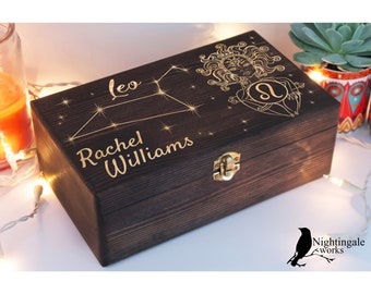 Personalized Engraved Leo Zodiac Box, Astrology Gift, Zodiac Gifts, Jewelry Box, Leo Gifts for Women, Custom Crystal Storage Wooden Box