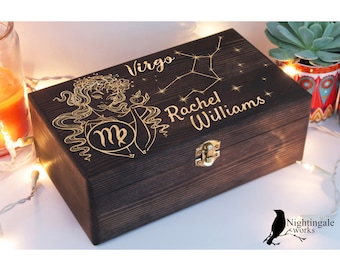 Personalized Engraved Virgo Zodiac Box, Astrology Gift, Zodiac Gifts, Horoscope Box, Jewelry Box, Custom Wooden Box, Keepsake Box