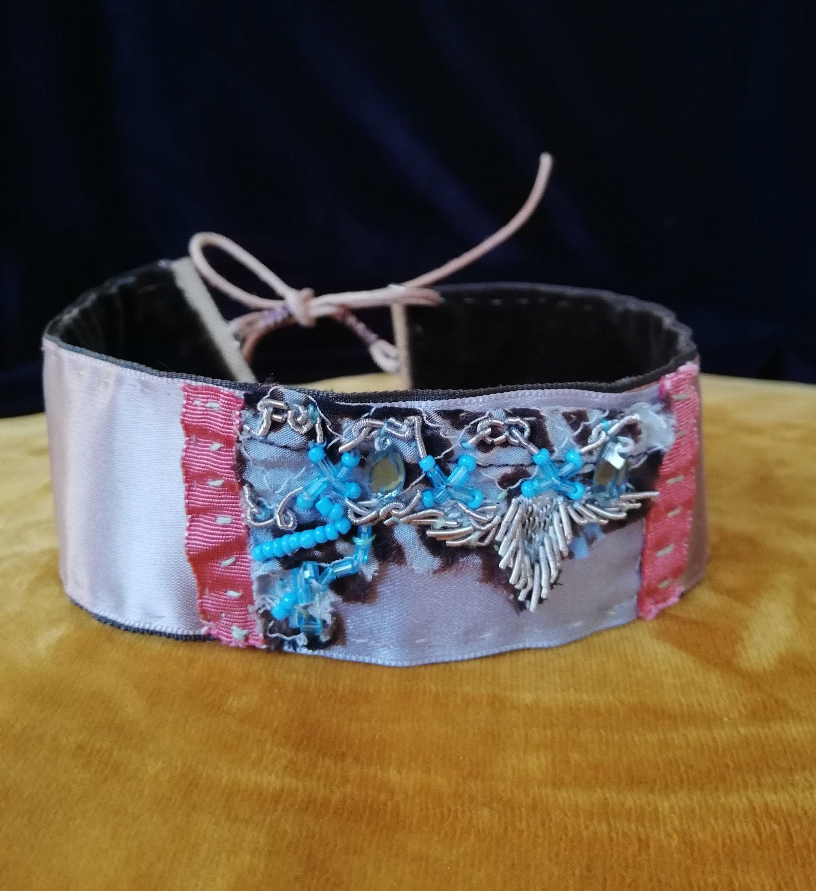 Upcycled Handmade Fabric Choker With Beading , Gift for Her, Peach and