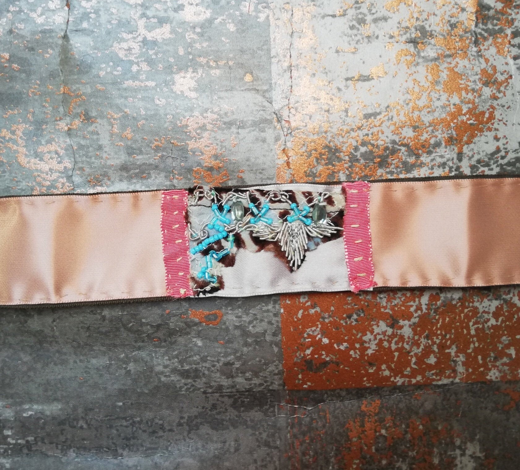 Upcycled Handmade Fabric Choker With Beading , Gift for Her, Peach and