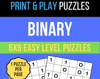 May include: Two 6x6 grids with numbers 1 and 0 in each square. The grids are partially overlapping. The text "1 PUZZLE PER PAGE" is in a yellow circle. The text "BINARY 6X6 EASY LEVEL PUZZLES" is at the top of the image. The text "555 PUZZLES" is at the bottom of the image.