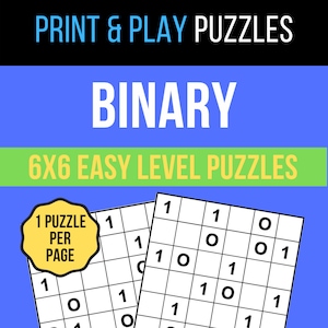 May include: Two 6x6 grids with numbers 1 and 0 in each square. The grids are partially overlapping. The text "1 PUZZLE PER PAGE" is in a yellow circle. The text "BINARY 6X6 EASY LEVEL PUZZLES" is at the top of the image. The text "555 PUZZLES" is at the bottom of the image.