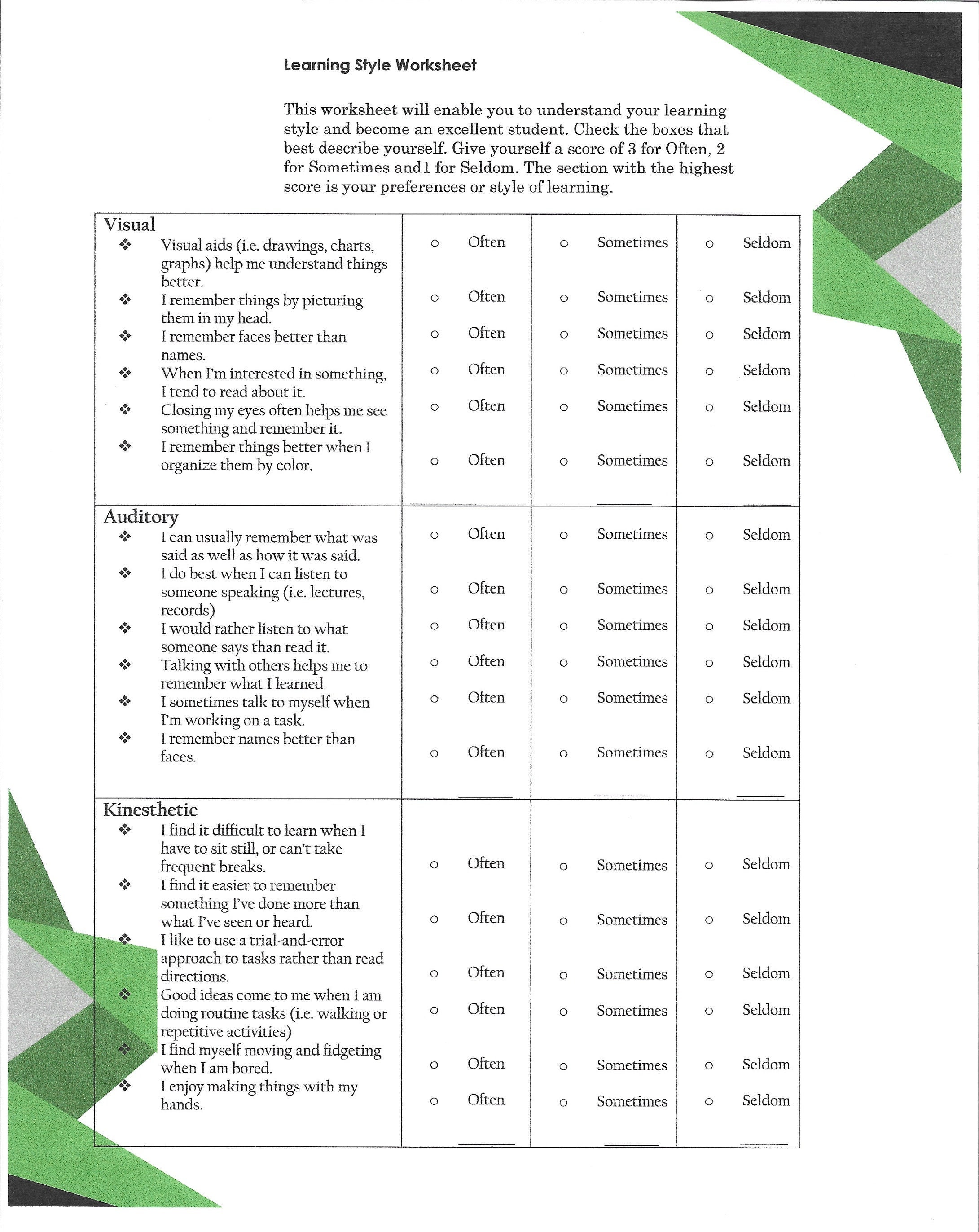 Learning Style Worksheet - Etsy