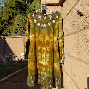 XL Autumn Garden short dress or tunic all cotton batik and ice dye garment measurements bust 39 in waist 38 in back neck to hem 35 in