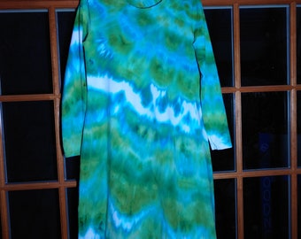 Medium Mossy Glen ice dyed knee length dress in dreamy blues and greens garment measurements bust 37 in waist 37 in back neck to hem 40 in