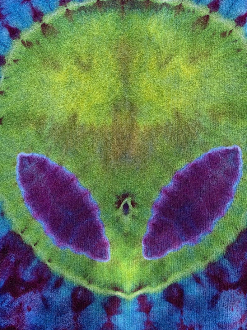 Pode incluir: T&ecirc;xtil tie-dye com um design sim&eacute;trico de rosto alien&iacute;gena. O rosto &eacute; predominantemente verde lim&atilde;o com grandes olhos roxos em forma de am&ecirc;ndoa. O fundo transita de azul para roxo e verde.