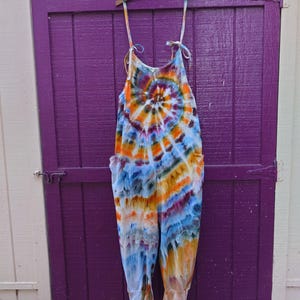 3XL Autumn Festival overalls garment measurements bust 42 plus, waist 44 hip 48 inseam 27 in cotton spandex hand made ice tie dyed
