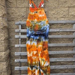 Medium Autumn Mystery genderless overalls garment measurements waist 36 in hip 40 in inseam 30 in midweight cotton twill warm Fall colors