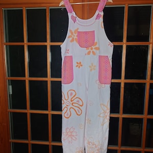 Large Floral Blush Overalls all cotton handmade hand dyed garment measurements bust and waist 40 in hip 44 inseam 26.25 light soft denim