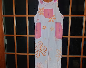 Large Floral Blush Overalls all cotton handmade hand dyed garment measurements bust and waist 40 in hip 44 inseam 26.25 light soft denim