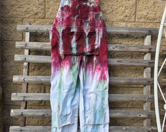 XL Raspberry Mint genderless overalls ice tie dyed all cotton twill garment measurements waist 43 in hip 46 in inseam 29.5 in