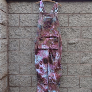 2XL Mocha Rose genderless overalls garment measurements waist 46 in hip 50 in inseam 29 in midweight cotton ice tie dyed in soft colors