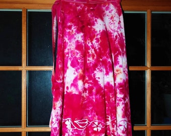 Black eyed Susan small pink and red woven cotton wrap skirt in batik and ice dye waist 26 in and up, length 27 in with zippered pocket