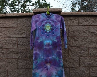 Medium lovely lavender lotus long hoodie dress in cozy cotton garment measurements bust 40 in waist 38 in length back neck to hem 42 in