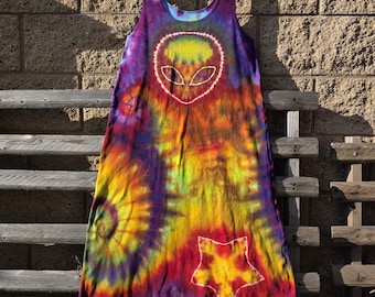 XL Jeweltone Alien all cotton ice tie dyed tank dress hand made garment measurements bust 36 waist 38 back neck to hem 38.5 in stretchy soft