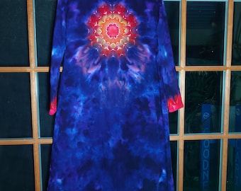 Medium just below knee length Supernova ice dyed dress garment measurements bust 37 in waist 37 in back neck to hem 40 in with spine detail