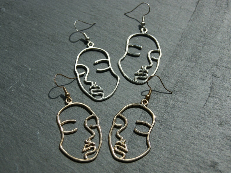 Face Silhouette Lady Earrings Silver or Gold Drop Style