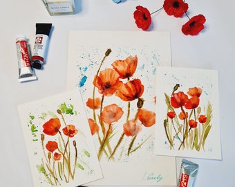 Original Poppy Watercolor Painting: Floral Art Card or Small Painting