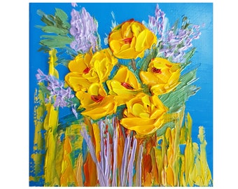 Yellow Floral Impasto Oil Painting: 3D Textured Boho Art (4x4 inch)