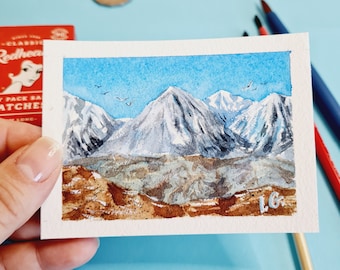 Tiny Original Miniature Painting Blue Ridge Mountains tiny watercolor art ACEO original card 3.5" x 2.5" ATC card by Ira Gorky