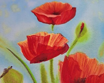 カリフォルニアポピーの絵画：オリジナルの花の水彩画（6 x 8インチ