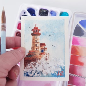 Pintura em aquarela original LIGHTHOUSE, cartão original ACEO 3,5" x 2,5" miniatura personalizada pintada à mão, cartão de arte colecionável por Ira Gorky
